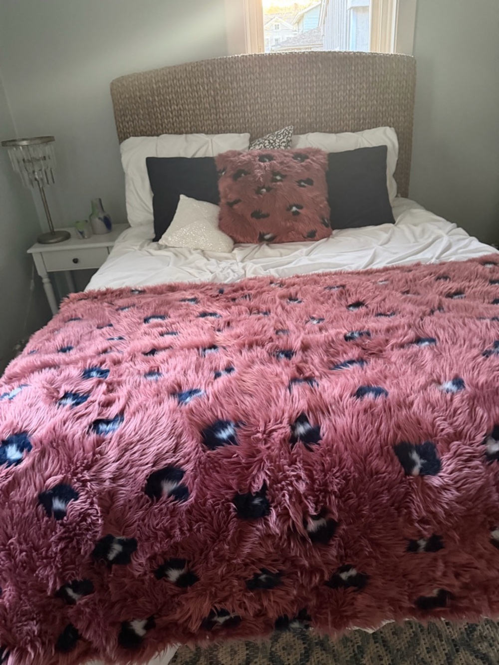 Anthropologie Rose Pink Faux Fur Throw with Navy & Cream Spots